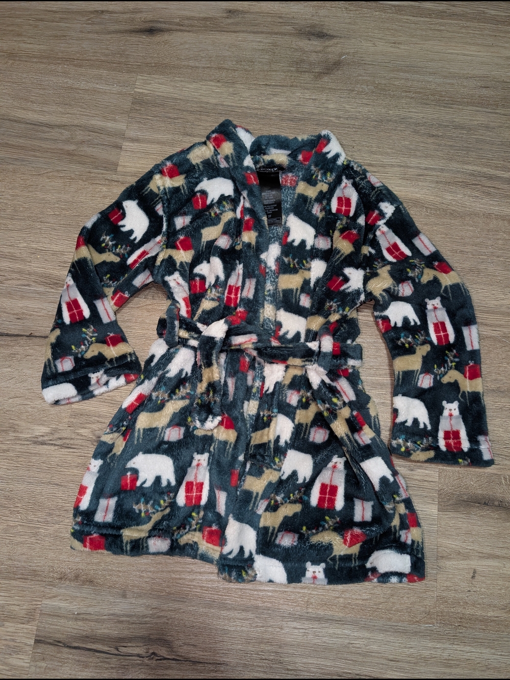 Joe Boxer Kids 3T Plush Polar Bear Winter Robe Dark Green White Red Tan